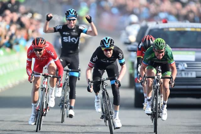 Team Sky rider Lars Petter Nordhaug (centre) on his way to winning the first stage of the Tour de Yorkshire between Bridlington and Scarborough. (Picture: Martin Rickett/PA Wire)