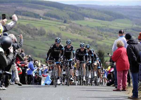 Team Sky on the front of the peloton as they climb up the Cote du Rosedale. (Picture: Bruce Rollinson)