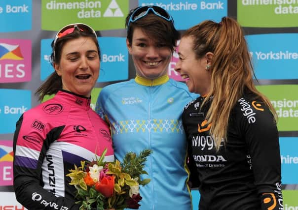 Womens Tour de Yorkshire winner Louise Mahe (centre) second place Eileen Roe (right) and thid place Katie Curtis on the podium after the Womens Tour de Yorkshire, in York. PRESS ASSOCIATION Photo. Picture date: Saturday May 2, 2015. See PA story CYCLING Yorkshire. Photo credit should read: Tim Goode/PA Wire.
EDITORIAL USE ONLY
