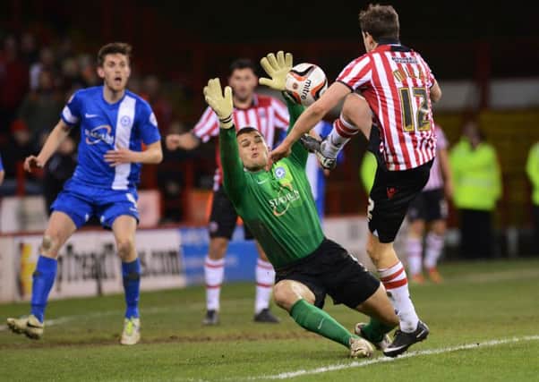 York City's on-loan goalkeeper Bobby Olejnik, pictured playing for Peterborough United against Sheffield United (Picture: Bruce Rollinson).