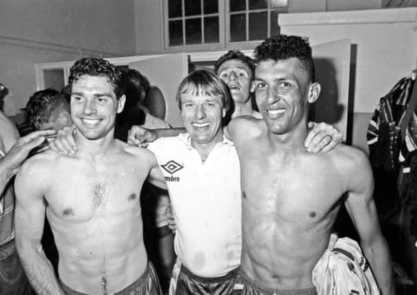 Dave Bassett celebrates promotion with players after Leicester game back in May 1990.