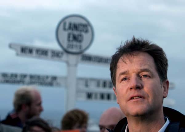 Nick Clegg at Land's End this morning before began a Land's End to John O'Groats campaign. Picture: Steve Parsons/PA Wire