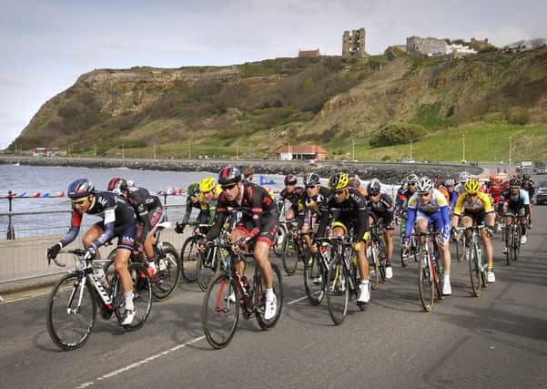 Tour de Yorkshire. The cyclists ride to the finish at Scarborough's North Bay. pic Richard Ponter 151726a