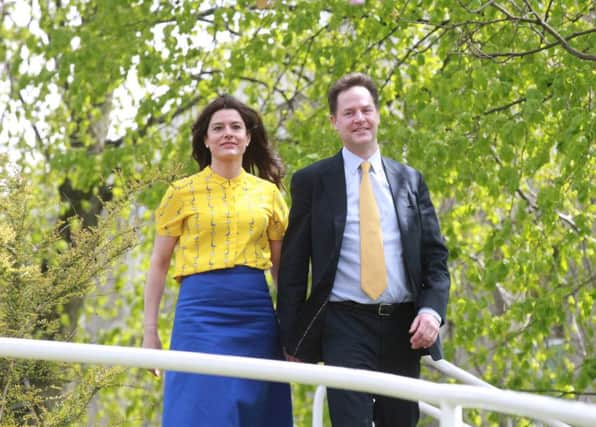 Nick Clegg and Miriam Gonzalez Durantez were the style winning team of polling day in boldly co-ordinating yellow. David and Samantha Cameron opted to match in pale blue for her shirt dress and his tie-less shirt. David Miliband and Justine Thornton clearly decided not to do the matchy-matchy thing, although he did opt for a tie - in red. Nicola Sturgeon and Peter Murrell teamed up in green, with canny Sturgeon wearing a lucky campaign favourite outfit. (RossParry.co.uk)