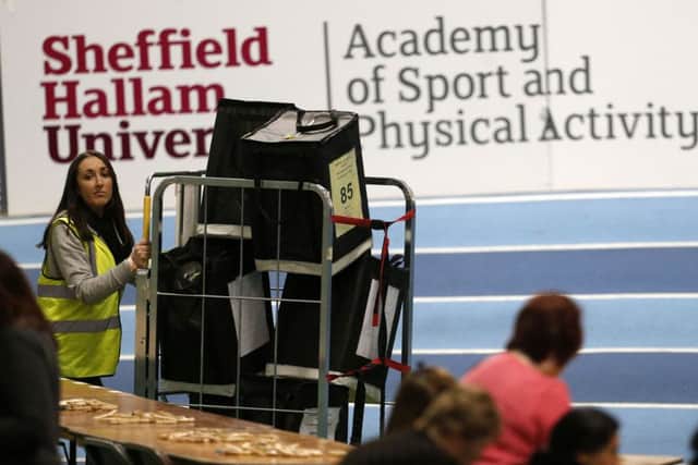Ballot boxes arrive for counting in the General Election in Sheffield.