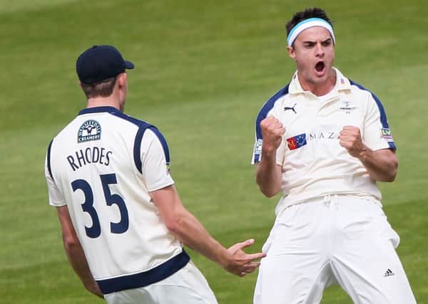 Yorkshire's Jack Brooks celebrates the wicket of Hampshire's Will Smith.