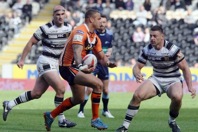 Castleford's Jordan Tansey finds his path blocked at the KC Stadium.