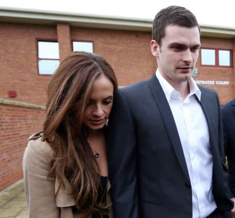 England footballer Adam Johnson and his partner Stacey Flounders leave Peterlee Magistrates' Court in County Durham