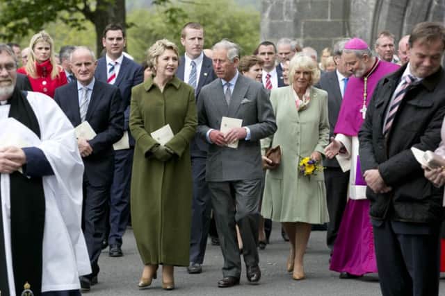 The Prince of Wales and Duchess of Cornwall and Former President of Ireland Mary McAleese and her husband Martin after a peace and reconciliation prayer service at St. Columba's Church in Drumcliffe