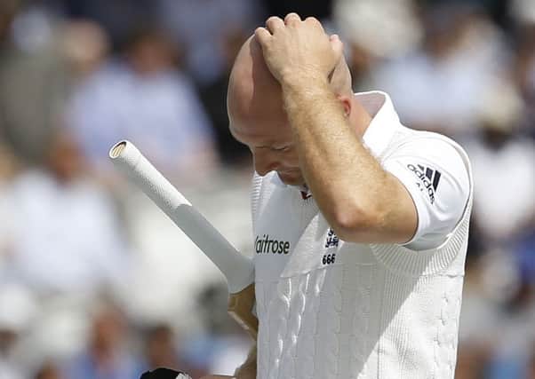 Adam Lyth rues his luck as he walks off at Lords having scored seven on his England debut, nicking a good delivery from New Zealands Tim Southee. England recovered from 30-4 to finish on 354-7 (Picture: PA).