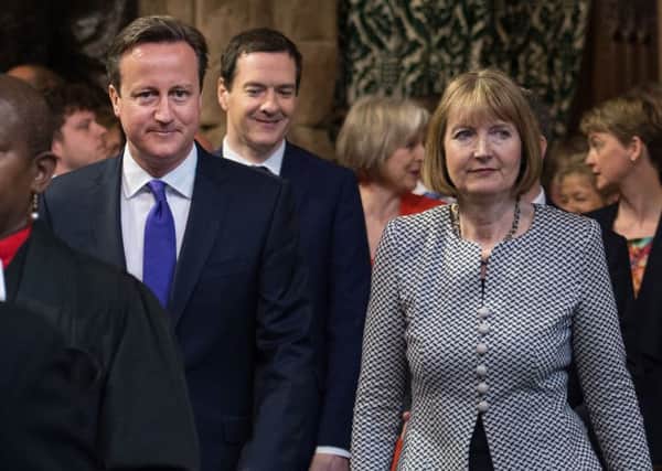 David Cameron, Chancellor George Osborne and acting Labour leader Harriet Harman arrive for the State Opening of Parliament