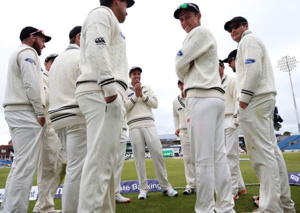 RELAXED APPROACH: New Zealand are all smiles as they gather on the Headingley boundary having set England an improbable winning target of 455. Picture: Lynne Cameron/PA