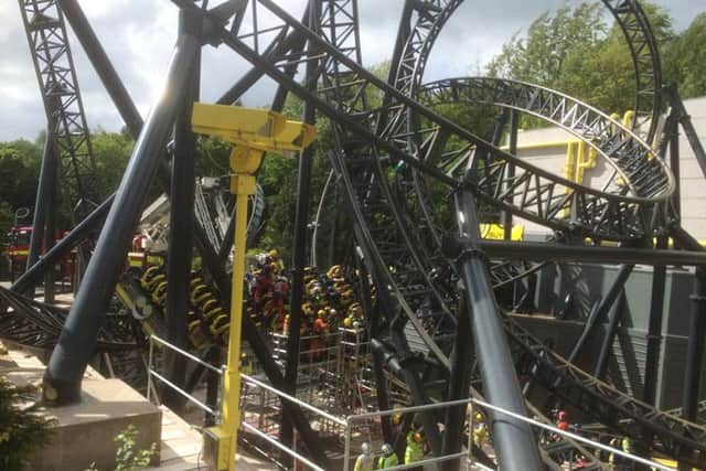 The scene at Alton Towers as four teenagers suffered serious leg injuries in a collision between two carriages on the amusement park's Smiler rollercoaster.