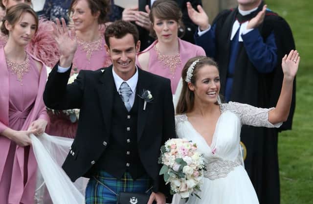 Andy Murray and Kim Sears after their wedding at Dunblane Cathedral. Photo credit: Andrew Milligan/PA Wire
