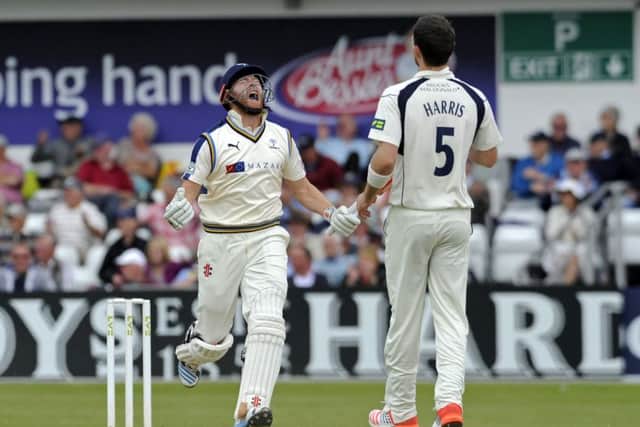 Jonny Bairstow celebrates his century off a James Harris delivery.  Picture: Bruce Rollinson.