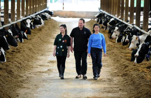 Dairy farmer Geoff Spence on his farm at Brompton, near Northallerton. Pictured with vetenary students from Hong Kong Letitia Pang and Alicia Ng.  Pic: Jonathan Gawthorpe.