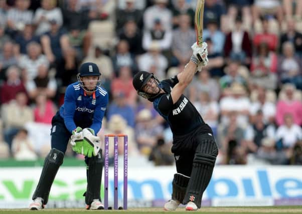 New Zealand's Kane Williamson hits a six against England at The Ageas Bowl.