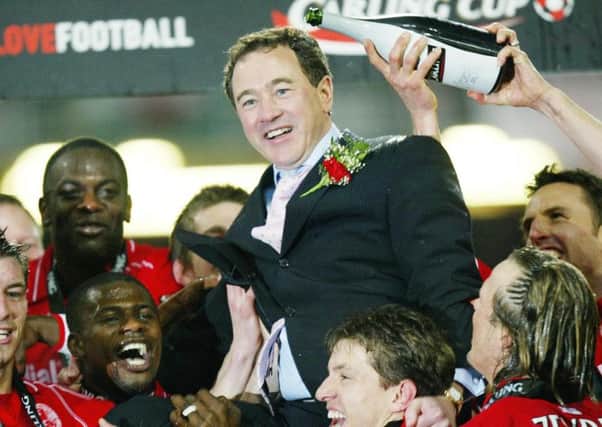 Middlesbrough chairman Steve Gibson celebrates thier victory in the Carling Cup Final in 2004.