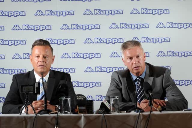 Leeds United have announced five-year kit deal with Kappa. Adam Pearson is pictured with Mark Ward of Kappa UK. Picture: Simon Hulme.