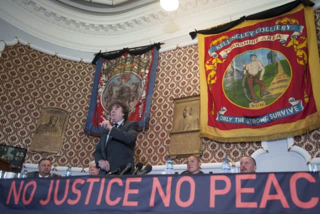 A press conference at the NUM headquarters in Barnsley after the IPCC announcement that there would be no public inquiry into the events at Orgreave