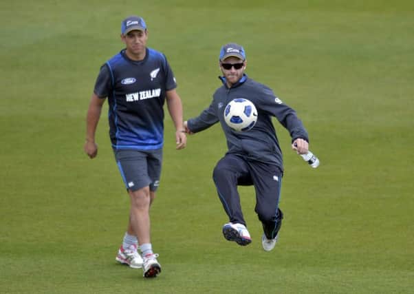 New Zealand's Kane Williamson (right) and Ross Taylor (left) during a nets session yesterday.