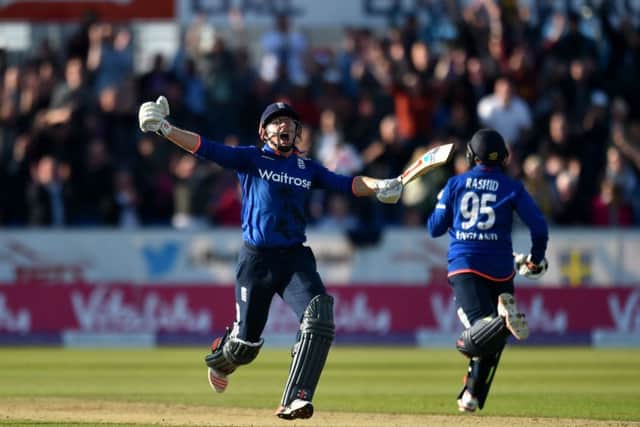 Yorkshire's Jonny Bairstow celebrates hitting the winning runs for England to seal a 3-2 ODI series win over New Zealand. Picture: Owen Humphreys/PA.