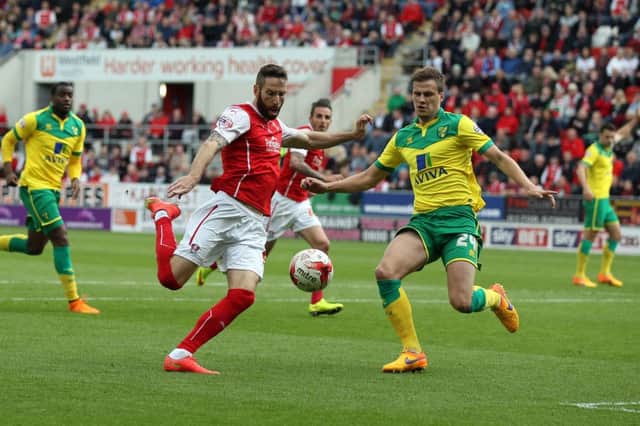 Rotherham United FC v Norwich City FC - SkyBet Championship - 25th April -2015 Rotherham's Kirk Broadfoot shoots jusy wide