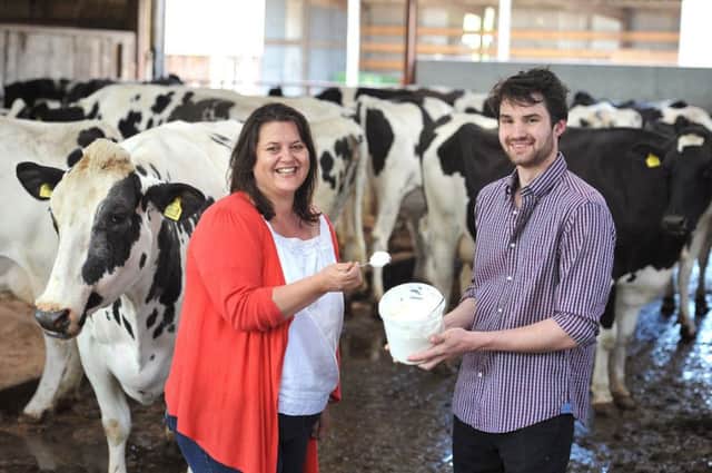 Sam Moorhouse at Hesper Farm is supplying his new skyr product to Victoria Robertshaw's new Keelham Farm Shop which opens in Skipton tomorrow.  Pic: Roger Moody