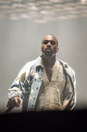 Kanye West performing on the Pyramid Stage at the Glastonbury Festival