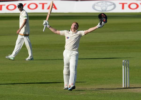 Yorkshire's Jonny Bairstow celebrates his century at Durham. Picture: Anna Gowthorpe