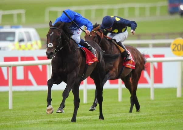 Storm The Stars, right, chases home Jack Hobbs and William Buick win the 150th Dubai Duty Free Irish Derby at the Curragh on Saturday. Picture: Pat Healy/PA Wire.