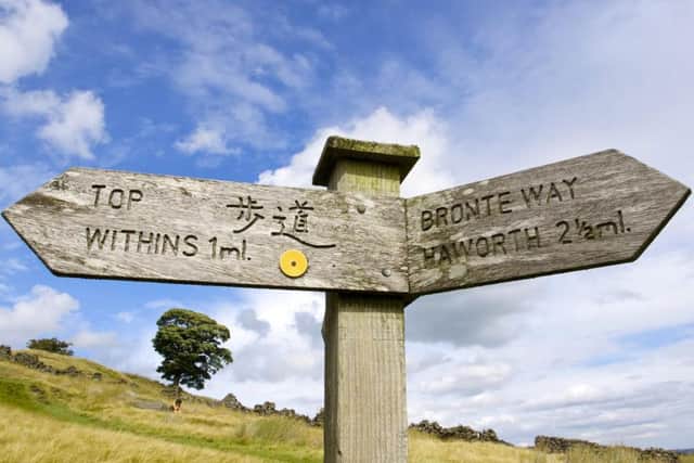A signpost on the footpath across the moors to Top Withins (aka Wuthering Heights), literary shine to people from around the world. It seems Emily Brontë is Big in Japan.