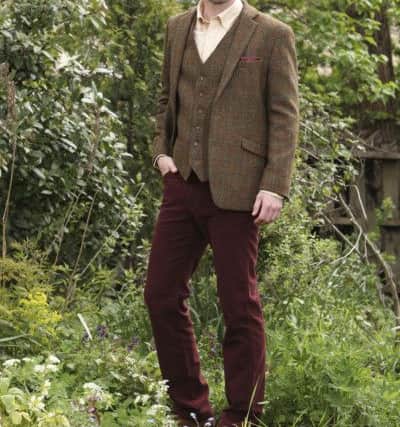 From Brook Taverner: Ben wears moleskin jeans in burgundy, £90, and lemon shirt, £60, with Harris Tweed jacket with matching waistcoat, price tbc