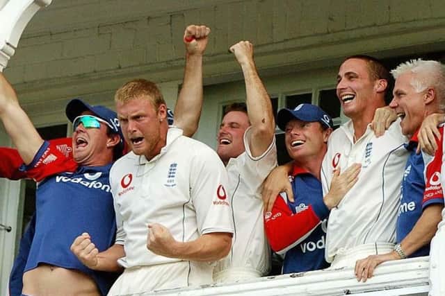 England's Andrew Flintoff and Kevin Pietersen celebrate as they beat Australia during the fourth day of the fourth npower Test match at Trent Bridge in 2005. Picture: Rui Vieira/PA.