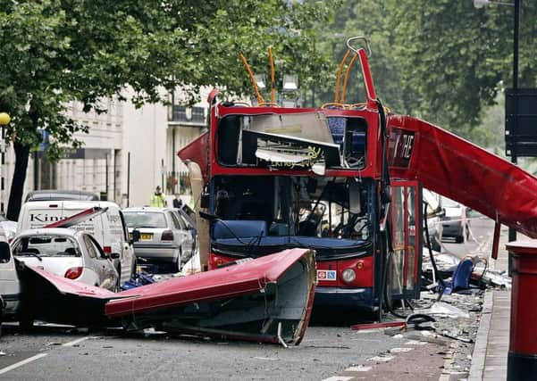 The number 30 double-decker bus in Tavistock Square, which was destroyed by a bomb following the terrorist attacks on the capital.