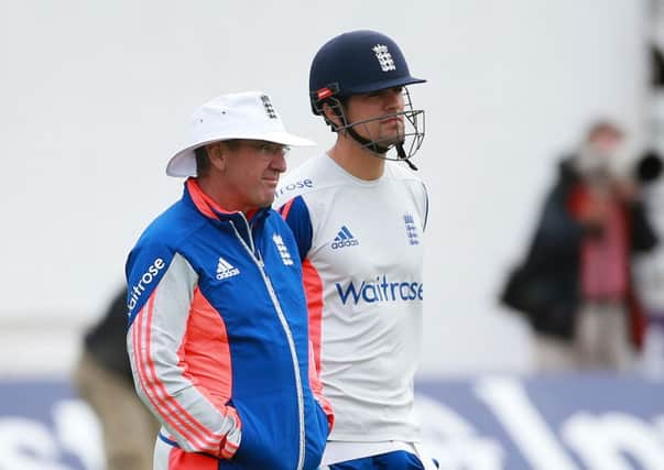 England head coach Trevor Bayliss with captain Alastair Cook during yesterdays nets session ahead of the First Investec Ashes Test at the SWALEC Stadium, Cardiff (Picture: David Davies/PA).