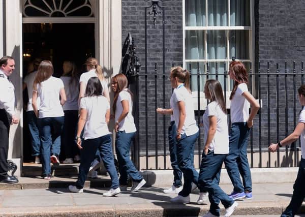 Members of England Women's  Football team arrive for a reception at 10 Downing Street. Picture: PA