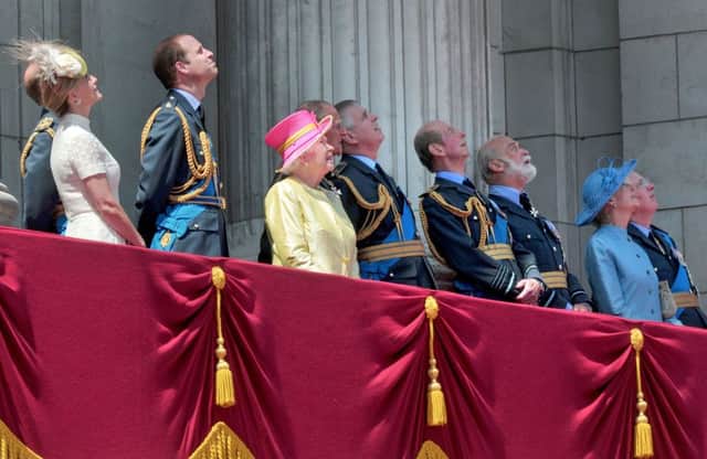The Countess of Wessex, Earl of Wessex, Duke of Cambridge, the Queen , Duke of Edinburgh, Duke of York, Duke of Kent, Prince Michael of Kent, Princess Alexandra and the Duke of Gloucester prepare to view a RAF fly-past to mark the 75th anniversary of the Battle of Britain, from the balcony of Buckingham Palace