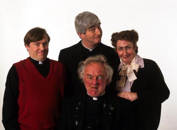 Pauline McLynn alongside fellow Father Ted stars, left to right, Father Dougal (Ardal OHanlon), Father Ted (the late Dermot Morgan) and Father Jack (Frank Kelly).