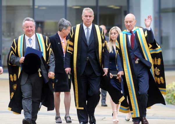 The Duke of York has been installed as the new Chancellor of Huddersfield University. He appeared with outgoing Chancellor Sir Patrick Stewart and Vice Chancellor Bob Cryan. Picture by Simon Hulme