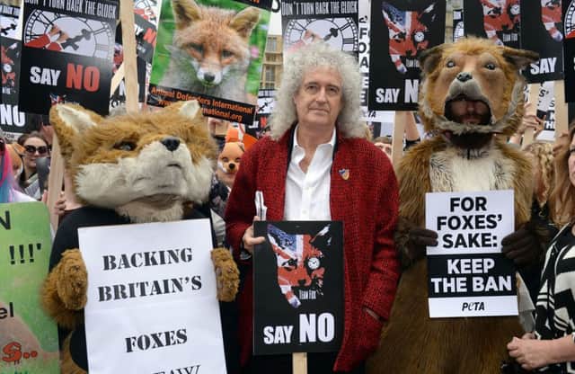 Brian May joins anti-foxhunting protesters outside the Houses of Parliament