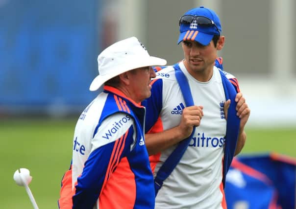 England captain Alastair Cook chats with coach Trevor Bayliss during a nets session ahead of the second  Ashes Test at Lords (Picture: Mike Egerton/PA).