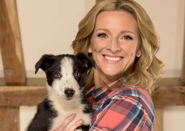 The host of new ITV show Flockstars, Gabby Logan, with sheepdog puppy Bruce.  Picture: PA Photo/ITV/Harry Page.