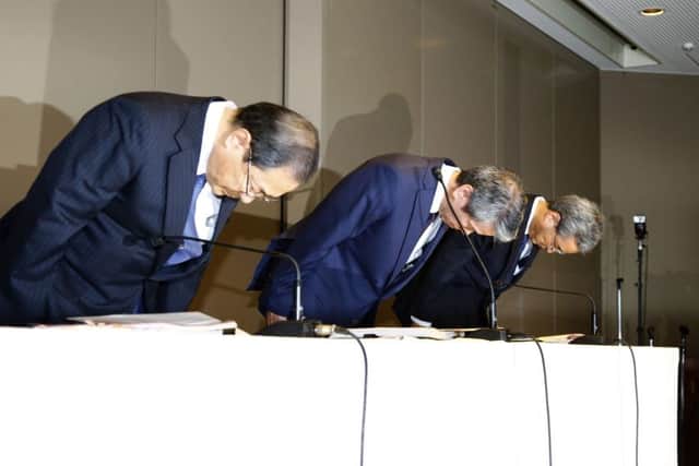 Toshiba Corp. CEO Hisao Tanaka during a press conference to announce his resignation at the company's headquarters in Tokyo