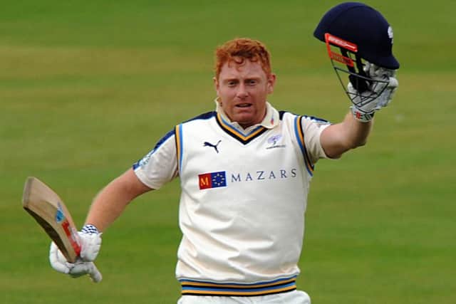 Jonny Bairstow celebrates his 100 not out and reaching 7,000 runs at Scarborough on Sunday.