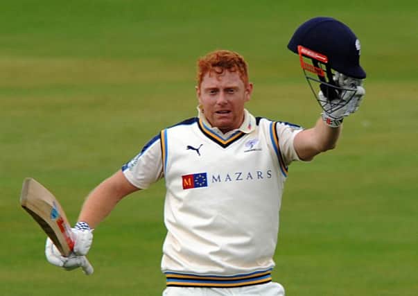 Jonny Bairstow celebrates his 100 not out and reaching 7,000 runs at Scarborough on Sunday.
