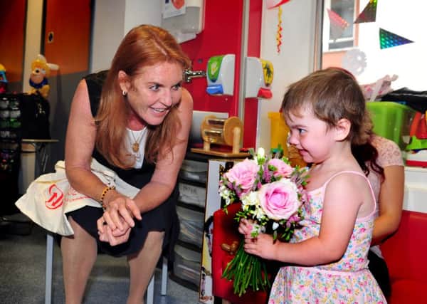 Sarah Ferguson, Duchess of York meets transplant patient Mia Mason, 3, from Harrogate.