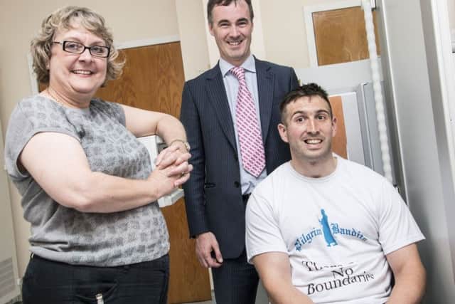 Judith Scholefield, specialist neurospeech and language specialist, and Dr Damian Tolan, consultant radiologist at Spire Leeds Hospital, with Ben Parkinson