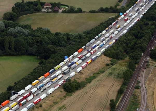 Lorries queued as part of Operation Stack along the north and southbound carriageways of the M20 in Ashford, Kent.