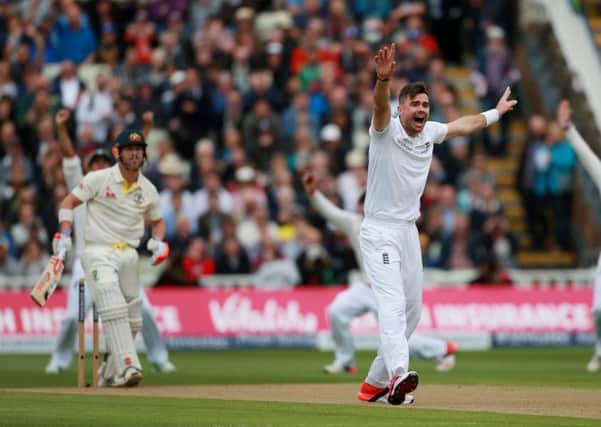MAIN MAN: England's James Anderson successfully appeals for an lbw against Australia's David Warner. Picture: PA.